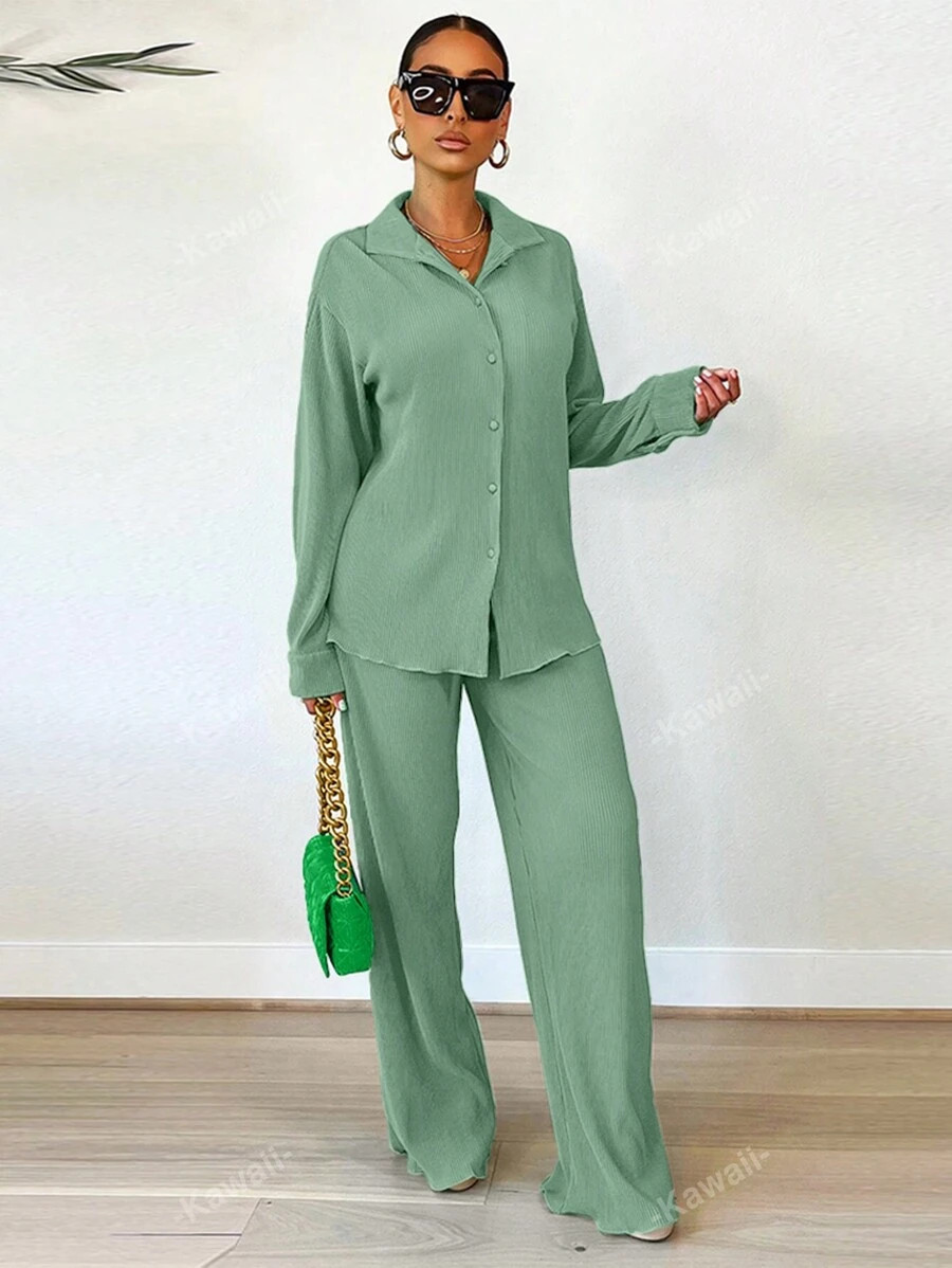 2pcs/Set Fashionable Pleated Shirt And Comfortable Wide Leg Pants Women's Casual Outfit | SHEIN