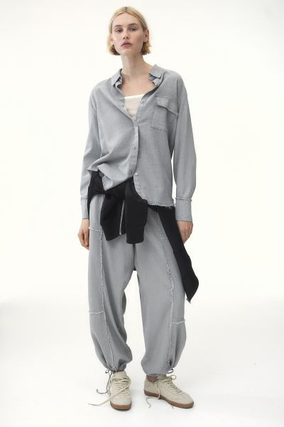 Linen-blend shirt - Long sleeve - Regular length - Gray - Ladies | H&M US | H&M (US + CA)