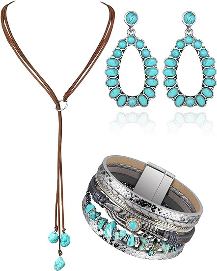 3 Pieces Western Jewelry for Women Bohemian Turquoise Set, Bohemian Turquoise Pendant Long Choker... | Amazon (US)