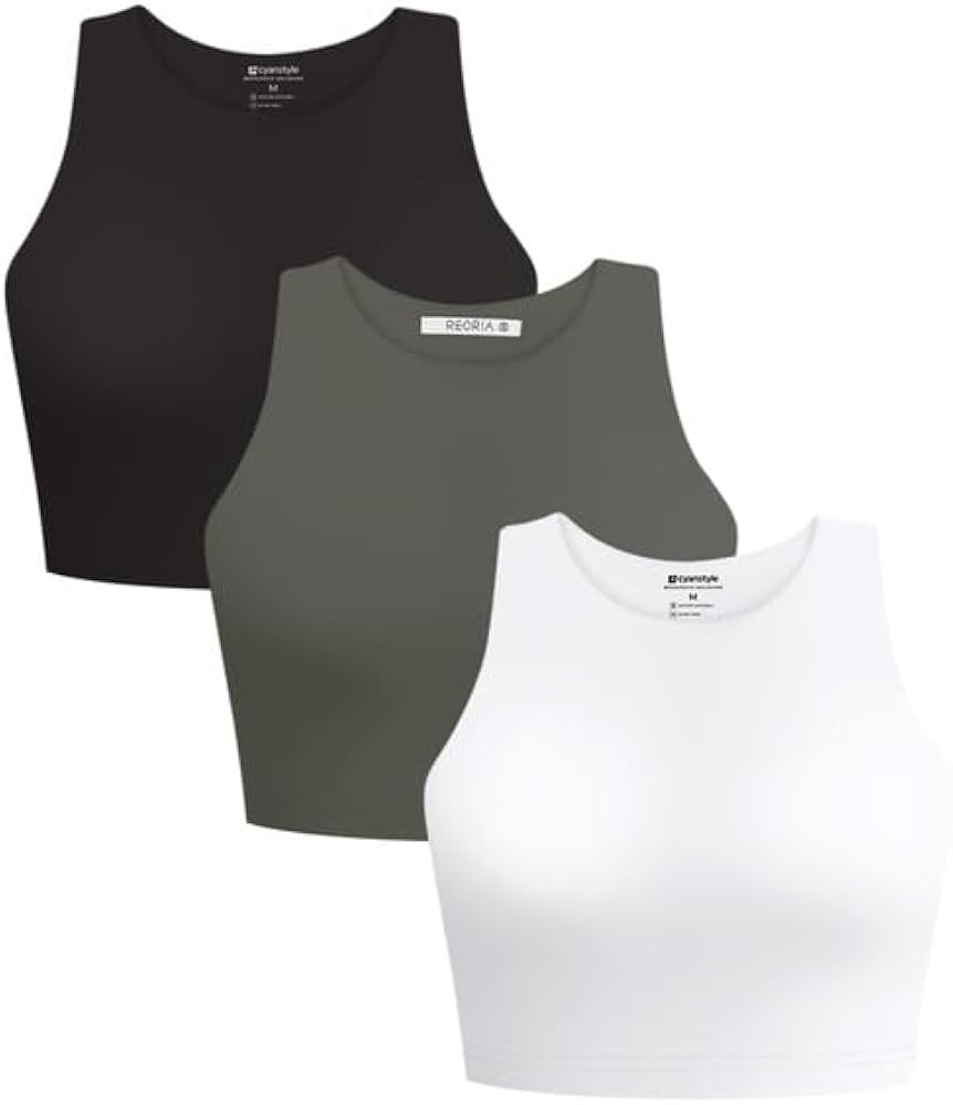 Cyanstyle Women's 3 Piece Tank Tops Sleeveless Halter Neck Raceback Double Lined Basic Tank Crop ... | Amazon (US)