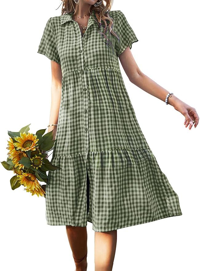 Vaiaye Women Dress Smock Plaid Midi Dresses A Line Lapel Gingham Midi Dress Short Sleeve Loose Sh... | Amazon (US)