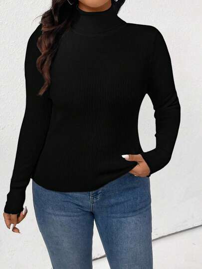 Plus Size Solid Color Turtleneck Slim Fit Sweater, Casual For Autumn/Winter Knit Pullover Fall | ... | SHEIN