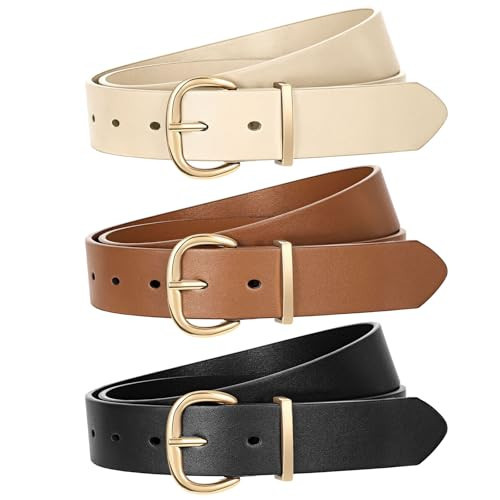 JASGOOD 3 Pack Women Leather Belt for Jeans Pants Gold Buckle Casual Waist Dresses Belt for Ladies，Black+Brown+Beige | Amazon (US)