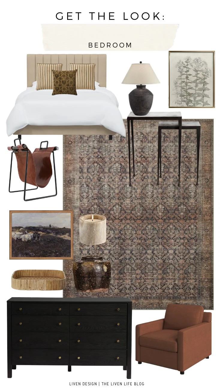 Vintage modern bedroom. Home decor. Layered neutral bedroom. Throw pillows. Leather magazine rack holder. Nesting tables. Black dresser. Earthy vintage bean pot vase. Earthy table lamp. Botanical art. Upholstered bed. Distressed vintage antique aged rug. Vintage resin urn laml

#LTKSeasonal #LTKHome #LTKSaleAlert