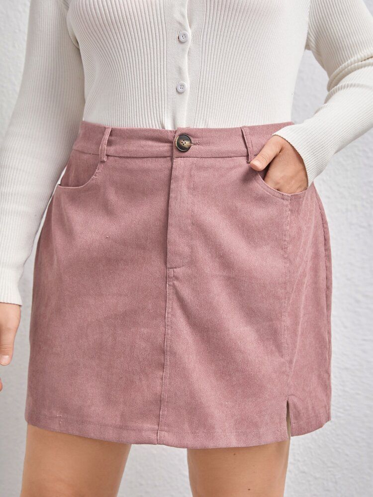 Plus Split Detail Corduroy Skirt | SHEIN