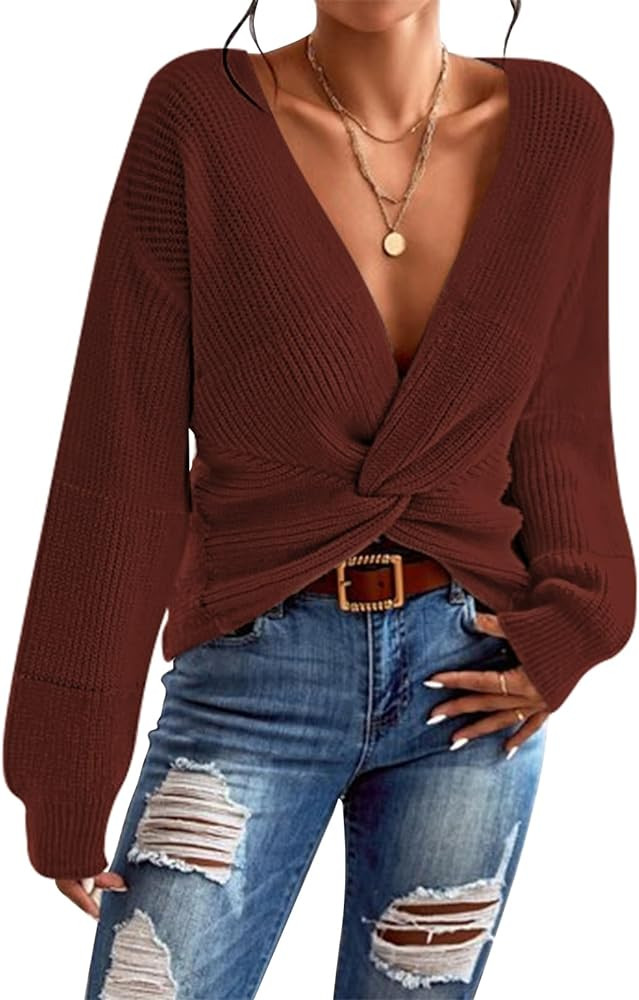 Pink Queen Women's 2023 Casual Pullover Sweaters Sexy V Neck Long Sleeve Twsit Knot Cropped Knit ... | Amazon (US)