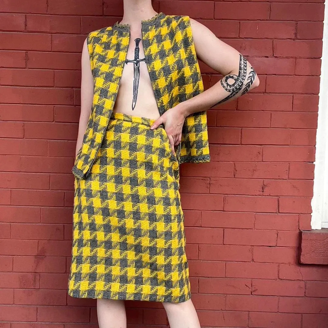vintage 1960s two piece wool skirt and zip up vest/sleeveless top in yellow and gray houndstooth | Etsy (US)