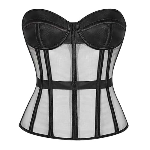 YONABTF Black Corset Tops For Women Plus Size Sexy Mesh Corset Shapewear Overbust Lace Up Bustier Black M | Amazon (US)