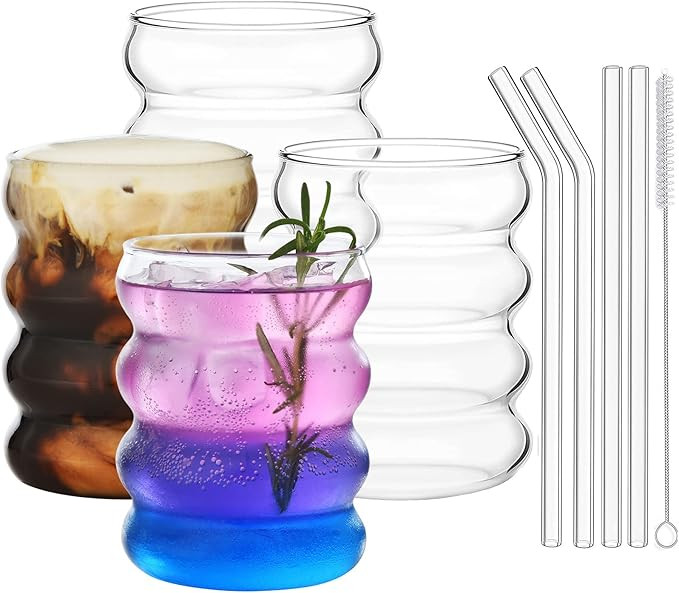 ALINK Ribbed Drinking Glass Cups with Glass Straws Set of 4, 12 oz Aesthetic Iced Coffee Glasses,... | Amazon (US)