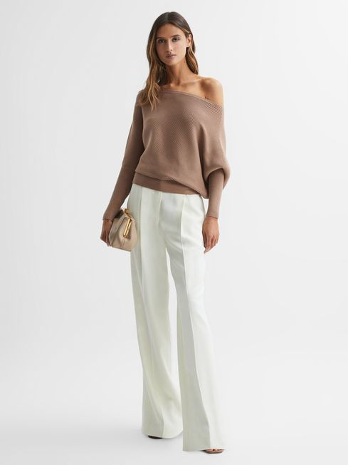 Reiss Camel Lorna Asymmetric Drape Knitted Top | Reiss US