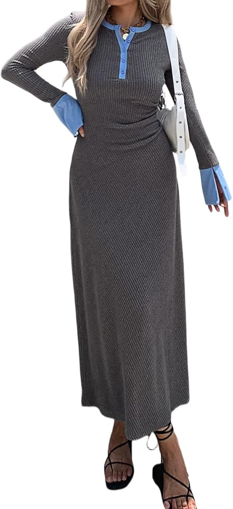 Womens Sweater Dress V Neck Ribbed Maxi Dress Long Bell Sleeves Button Down Slim Fit Bodycon Casu... | Amazon (US)