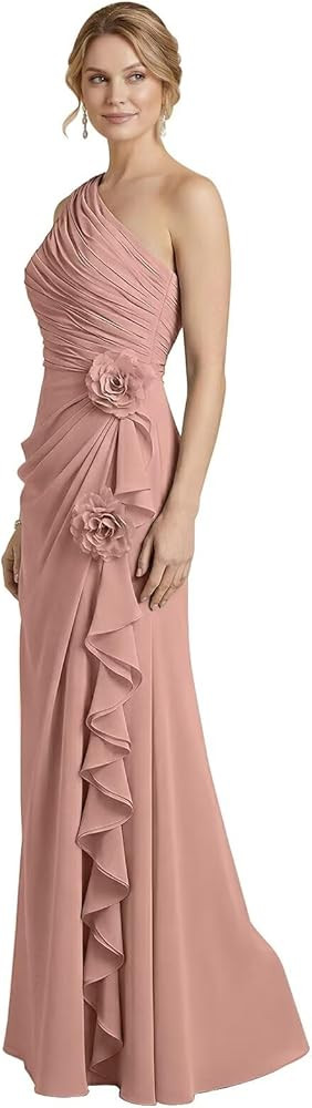 RYANTH One Shoulder Chiffon Bridesmaid Dresses Long 3D Flower Ruffle Formal Evening Gowns for Wom... | Amazon (US)