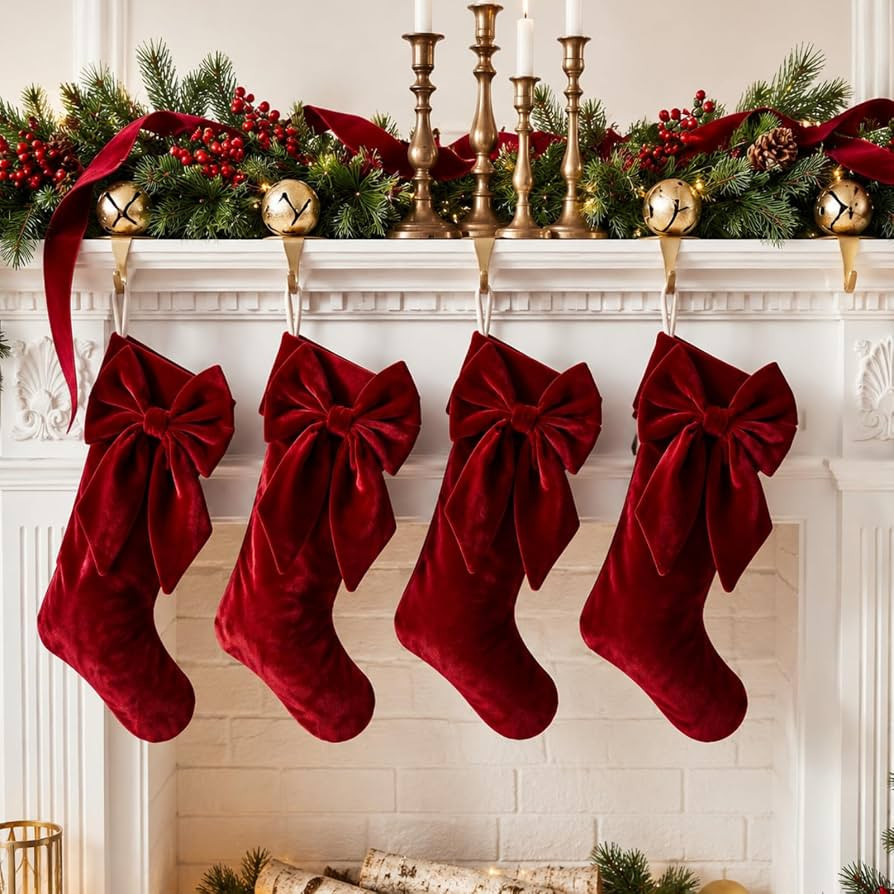 Seematn 4 Pack Burgundy Red Velvet Christmas Stockings, 18 Inch | Amazon (US)