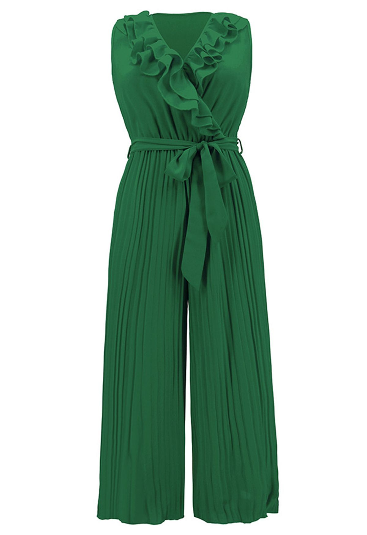 Tiered Ruffle Wrap Plisse Jumpsuit in Green | Chicwish