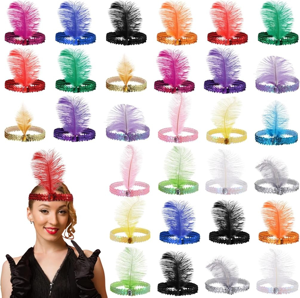 30 PCS 1920s Flapper Headbands, Sparkling Sequin Feather Head Band for Women, 15 Colors Elastic V... | Amazon (US)