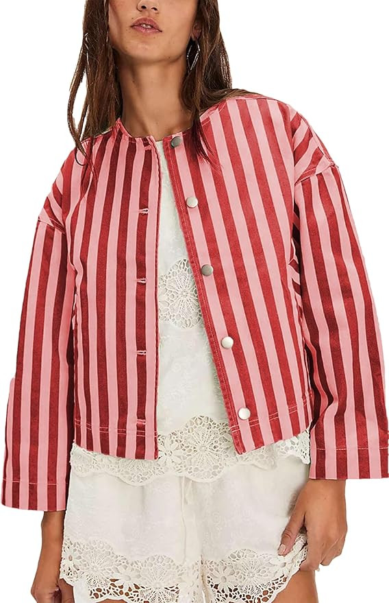 Women's Cropped Striped Jackets Crewneck Button Down Oversized Coats Outerwear with Pockets | Amazon (US)