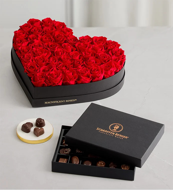 Magnificent Roses® Preserved Luxury Heart & Chocolate | 1800flowers.com