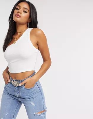 ASOS DESIGN one shoulder crop top with chunky rib strap in white | ASOS (Global)
