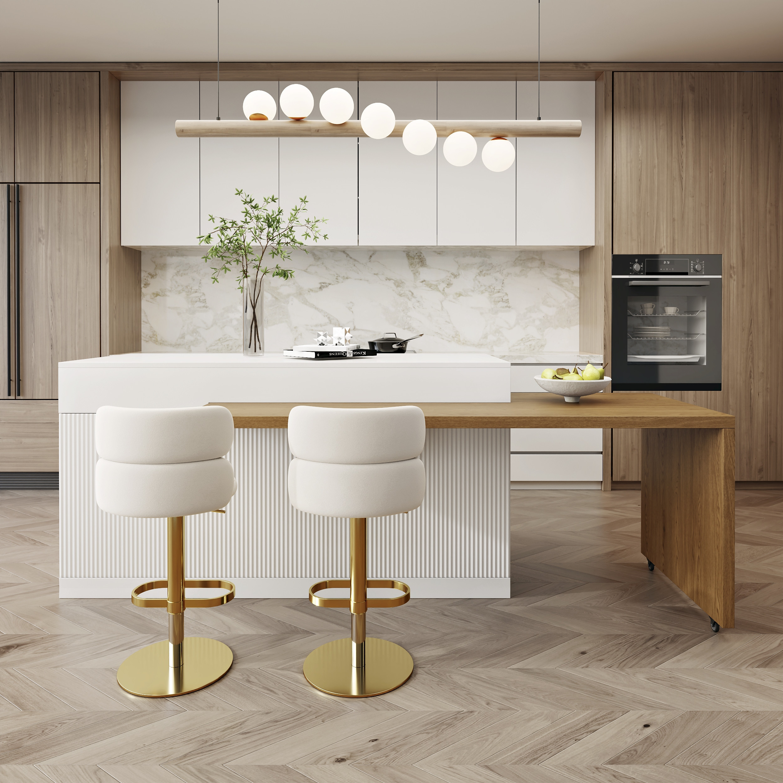 81""-106"" Kitchen Islands Extendable Marble Pattern Top White Modern with Doors & Drawers | Homary