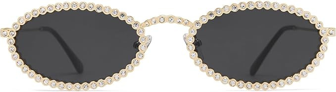 SOJOS Retro Oval Rhinestone Skinny Sunglasses for Women 90s Styles Bling Hippie Disco Trendy Sun ... | Amazon (US)