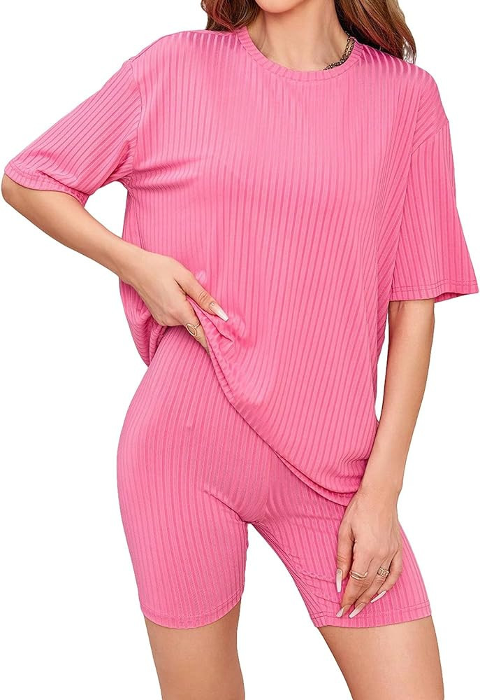 WDIRARA Women's 2 Piece Outfits Ribbed Short Sleeve Drop Shoulder Tee And Shorts Set | Amazon (US)