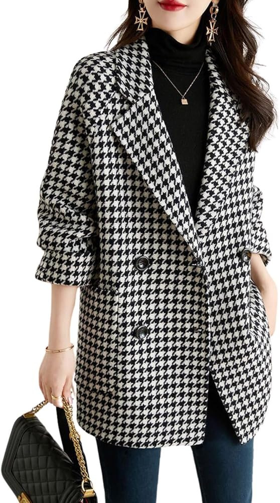 utcoco Womens Notched Lapel Pea Coat Double Breasted Blazer Jackets Houndstooth Woolen Blend Over... | Amazon (US)