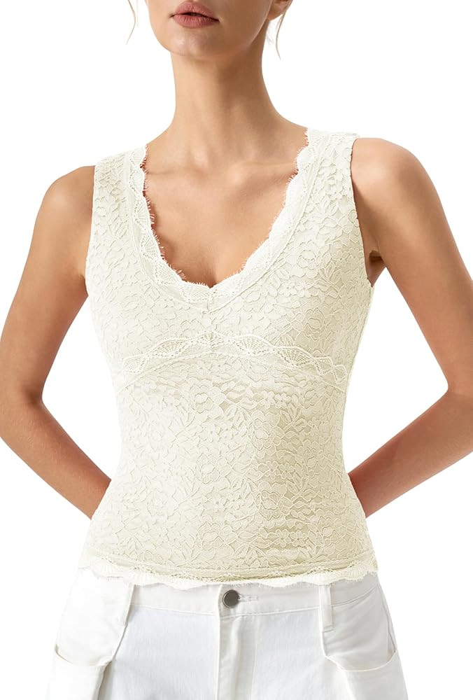 QINSEN Womens Lace Tank Top V Neck Double Lined Basics Slimming Fit Going Out Summer Tops | Amazon (US)