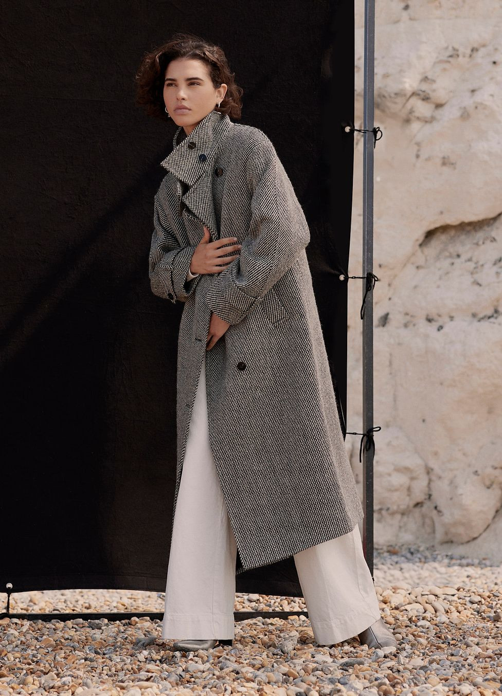 Black Textured Funnel Neck Coat | Mint Velvet