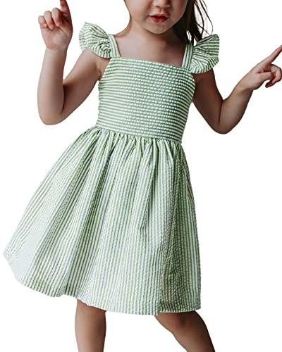 Saodimallsu Girls Sundress Striped Sleeveless Summer Dress Lined for Kids Spring Outfits Ruffle Sleeve Green 5-6 Years | Amazon (US)