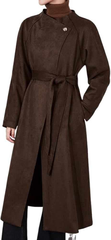 Womens Faux Suede Long Trench Coat Open Front Leather Trench Overcoat with Belt | Amazon (US)