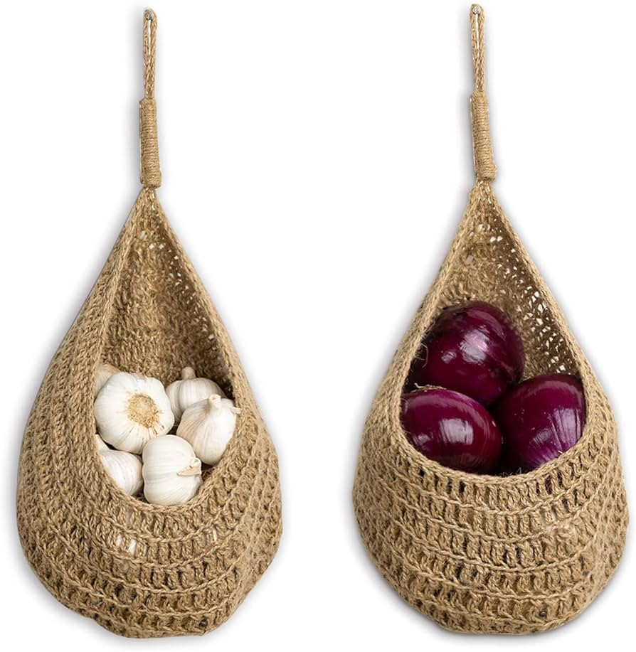 VK Living Jute Onion Basket Hanging for Pantry, Potato Garlic Onion Pantry Storage Baskets, Boho Wal | Amazon (US)