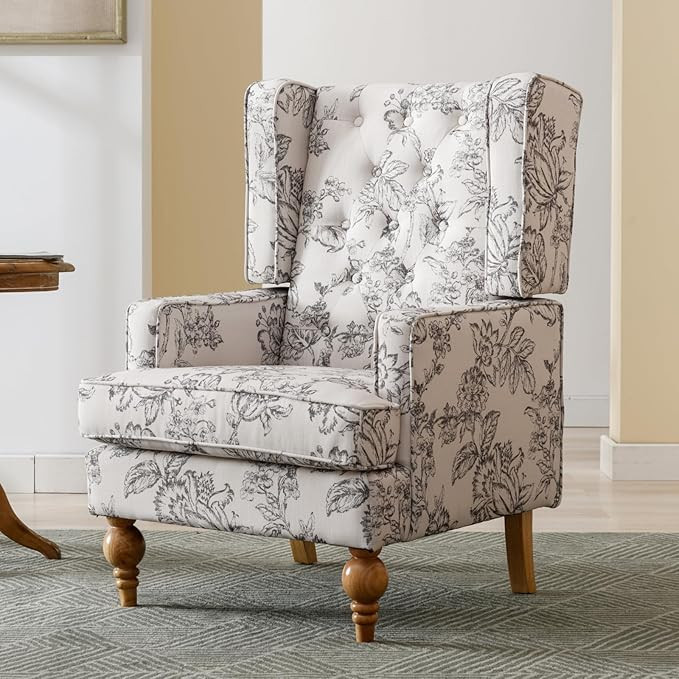 LukeAlon Button Tufted Linen Accent Chair, Upholstered Club Chair with Wooden Legs Vintage High W... | Amazon (US)