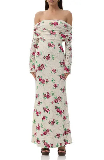 AFRM Thelma Off the Shoulder Long Sleeve Lace Maxi Dress in Romance Rose at Nordstrom Rack, Size Large | Nordstrom Rack
