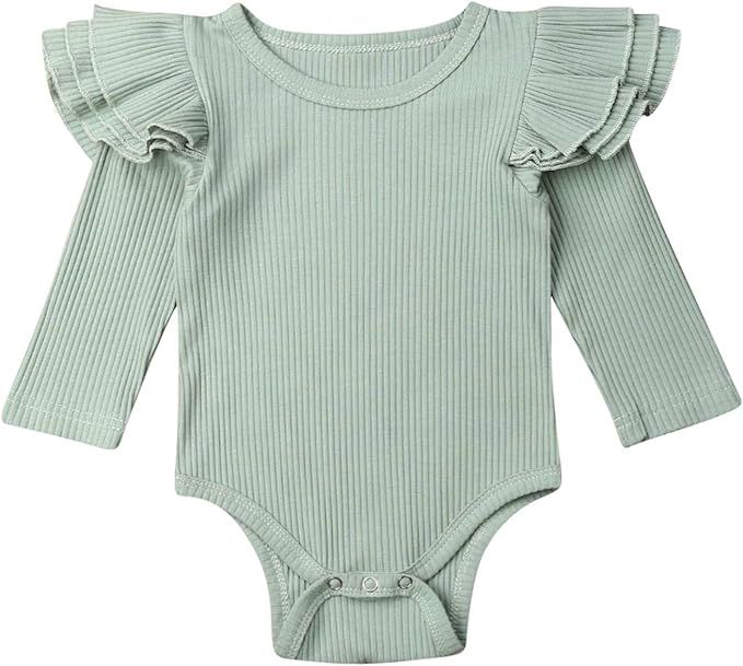 doublebabyjoy Baby Girl 1 Piece Ruffles Long Sleeve Romper Bodysuit Toddler Ribbed Knitted Playsu... | Amazon (US)