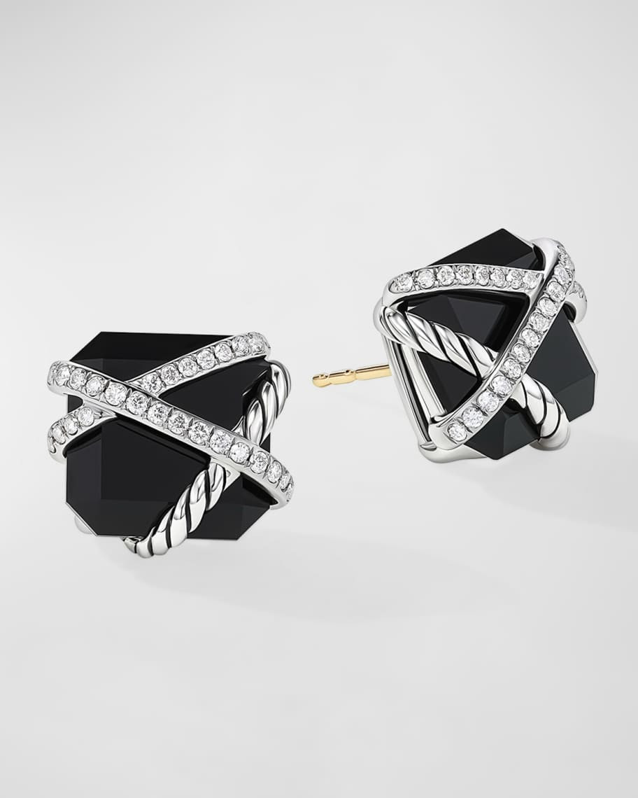 David Yurman Cable Wrap Stud Earrings with Black Onyx and Diamonds in Silver, 12mm | Neiman Marcus
