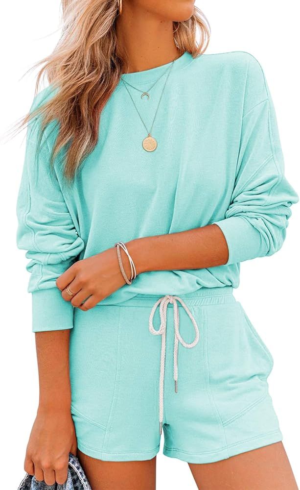 Saslax Women's Solid Color Pajama Sets 2 Piece Long Sleeves Pullover Top and Shorts Loungewear Se... | Amazon (US)