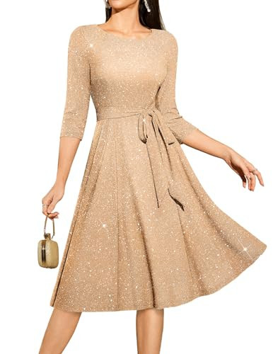 DRESSTELLS Sparkly Cocktail Dresses for Wedding Guest, Sequin Semi Formal Vintage Party 3/4 Sleeves Modest Homecoming Prom Dress for Teens Gold Champagne S | Amazon (US)
