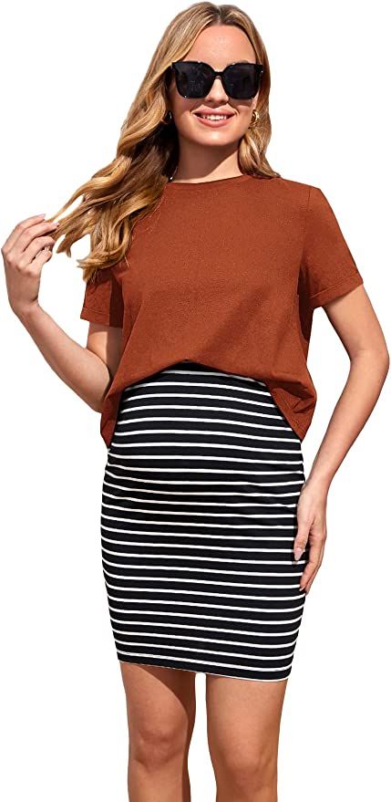 MakeMeChic Women's Maternity 2 Piece Outfits Casual Short Sleeve Tee Shirt and Striped Skirt Set | Amazon (US)