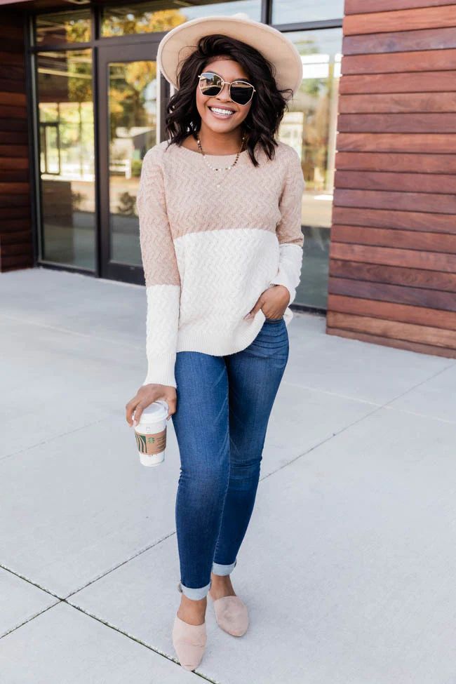 Crisp Fall Air Colorblock Taupe/Cream Sweater | The Pink Lily Boutique