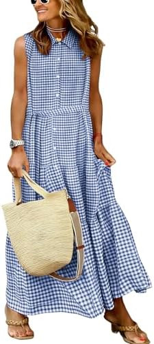 chouyatou Women’s Summer Boho Gingham Dress Business Casual Belted Flowy Plaid Maxi Shirt Dress... | Amazon (US)