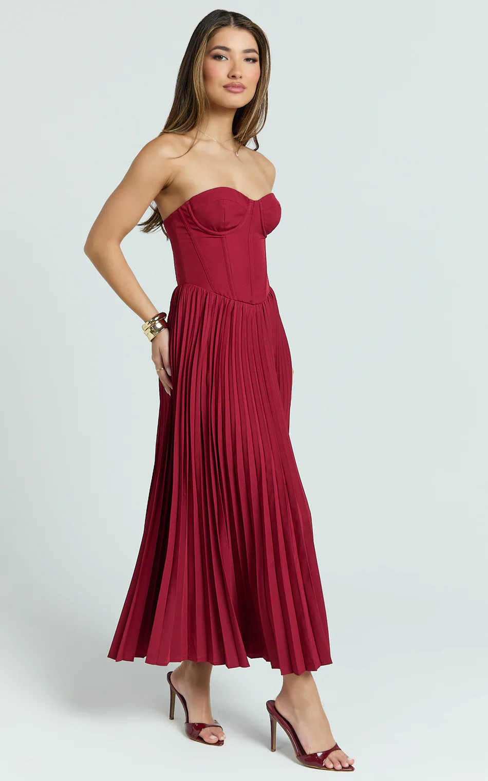 Loretta Midi Dress - Lace Up Back Bustier Pleated Dress in Wine | Showpo (US, UK & Europe)