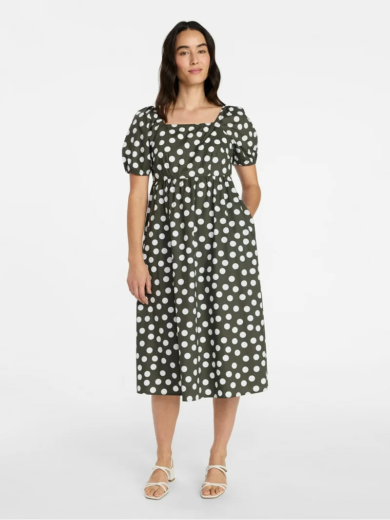Time and Tru Women's and Women's Plus Cotton Back Tie Midi Dress with Short Puff Sleeves, Sizes X... | Walmart (US)