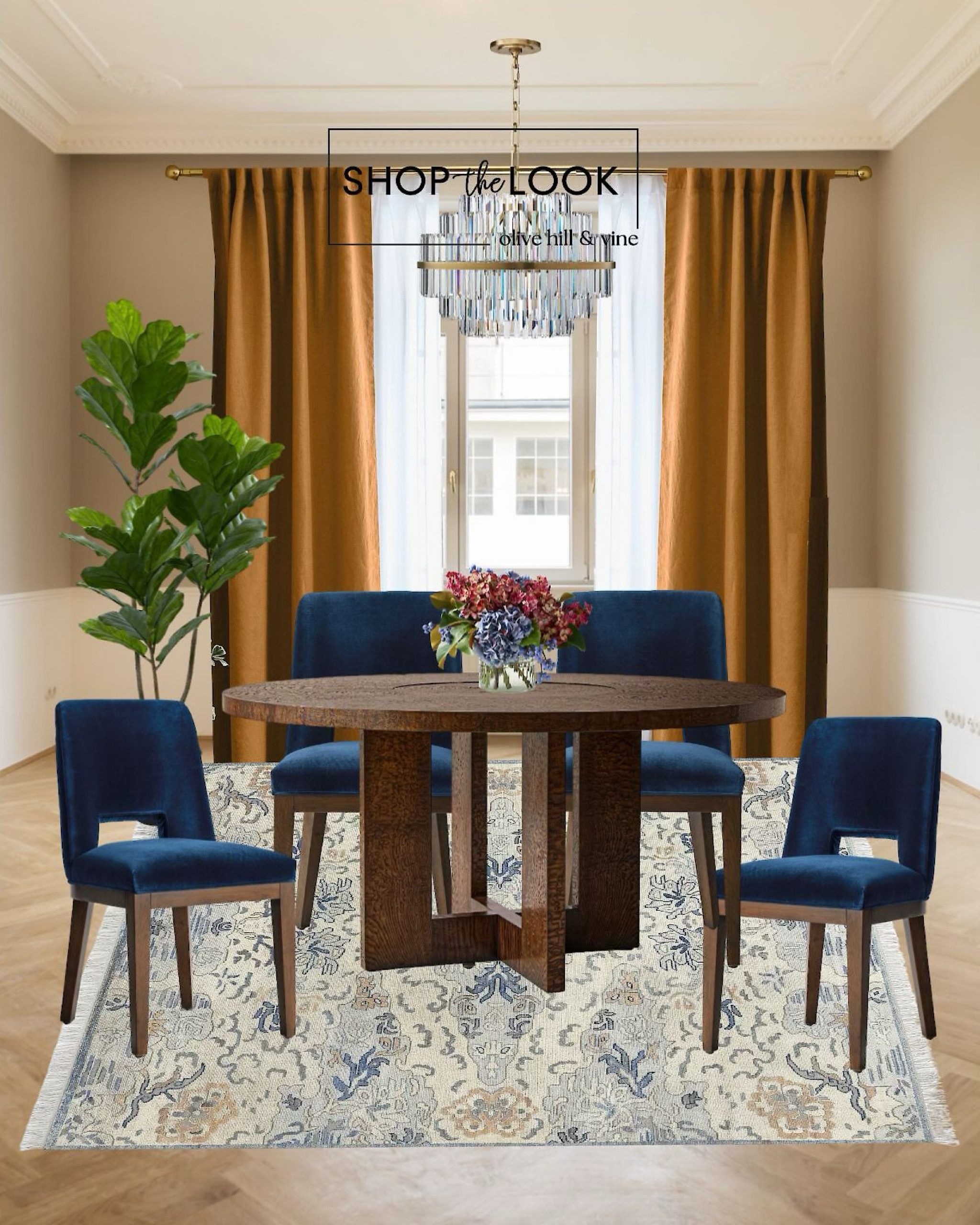 Ready to dazzle your dining space? Dive into this curated design featuring a round ash veneer table with a lazy susan, royal blue velvet chairs, antique gold curtains, and a stunning crystal chandelier. Add a faux fiddle leaf tree and hydrangeas for a touch of nature. Shop now to bring this look home! 

#LTKFamily #LTKHome #LTKStyleTip
