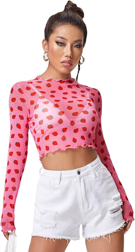 Floerns Women's Long Sleeve See Though Sheer Mesh Crop Tee Tops | Amazon (US)