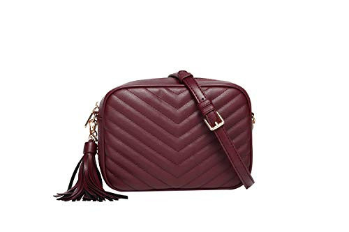 Daisy Rose Quilted Chevron Shoulder Cross Body Bag & Detachable Tassel, PU Vegan Leather - Burgundy | Amazon (US)