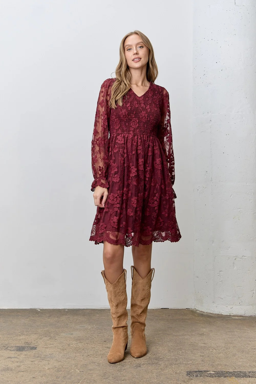 Burgundy Embroidered Lace Smocked Long Sleeve Dress | PinkBlush Maternity