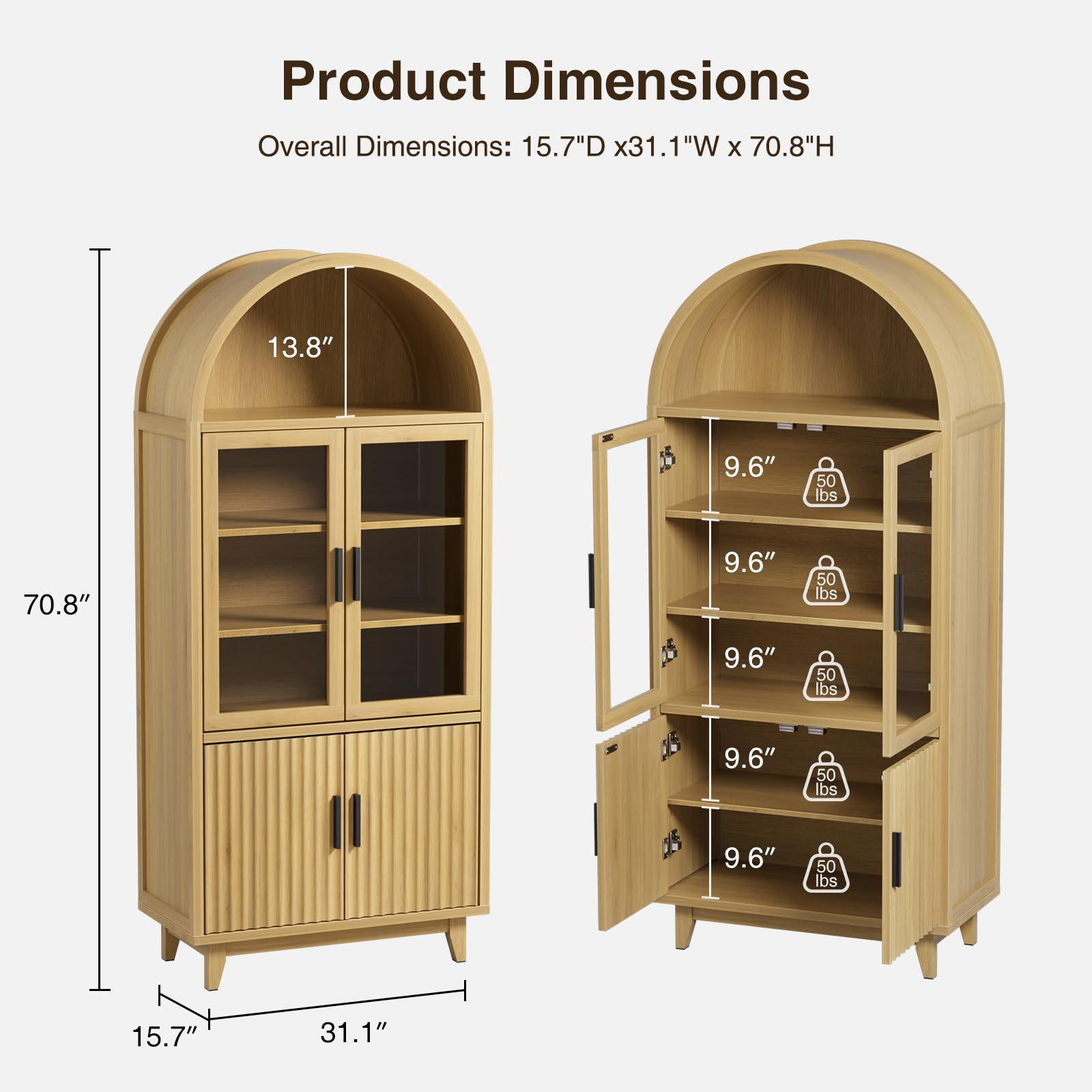 Arched Storage Cabinet 70.8" Tall, Modern Fluted Door Cabinet with Tempered Glass and Adjustable ... | Amazon (US)