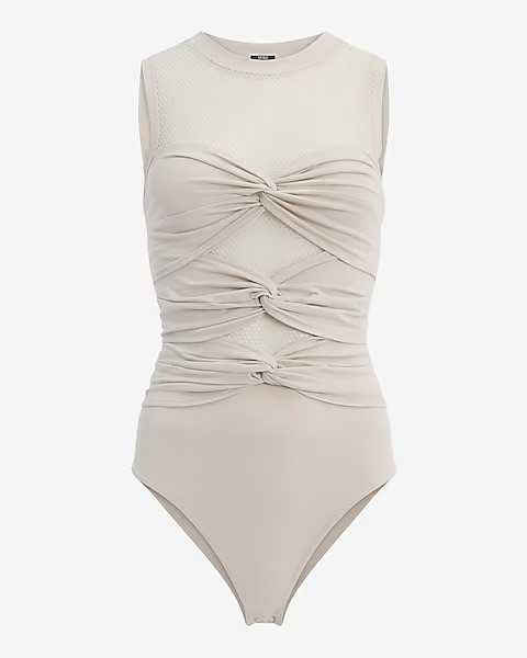 Fitted Mesh Crew Neck Twist Front Bodysuit | Express