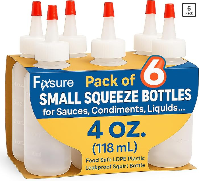 FIXSURE Plastic Squeeze Bottles with Red Tip Cap, 4 Oz Squirt Bottle For Ketchup, BBQ, Sauces, Syrup, Condiments, Oil, Pancake, Cookie Decorating, Dressings, Travel, Camping, Lab, Arts and Crafts (1) | Amazon (US)