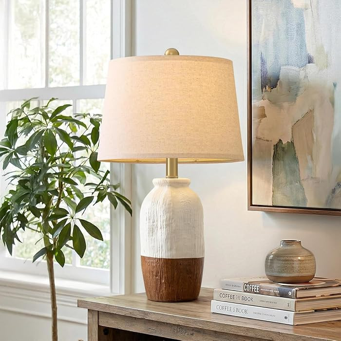 22.5" Hand-Textured Vintage Ceramic Table Lamp, Single Rustic Farmhouse Bedside Lamp with Linen S... | Amazon (US)